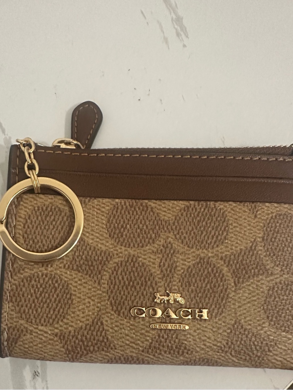 Coach Tan/Brown Signature Card Holder with Gold Key Ring